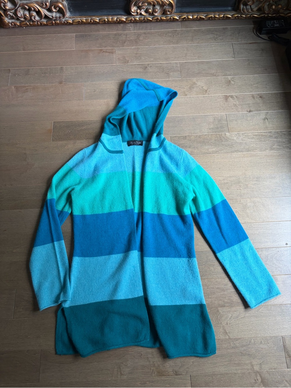 Striped Hooded Open Cardigan in Teal & Aqua Cashmere size M